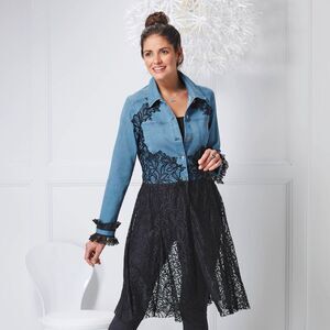 The Pyramid Collection Denim & Lace Jacket Duster Blue Black boho Women's S NEW